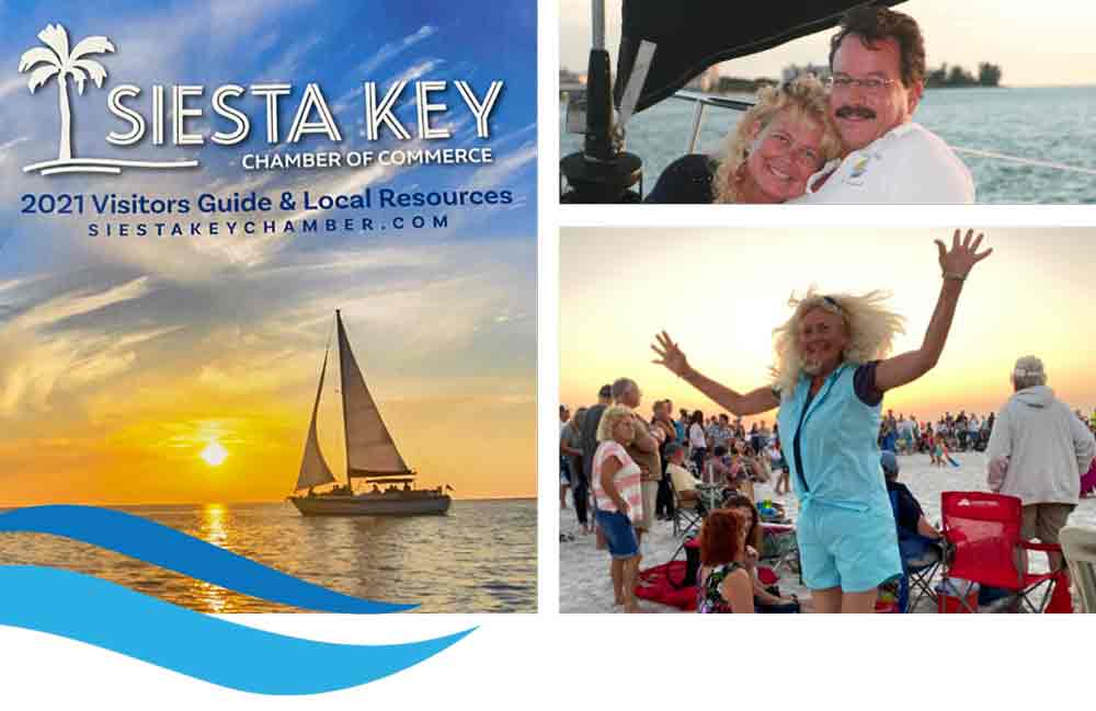 Jan Hamel Solomon with Tim aboard the Key Breeze, and on Siesta Beach